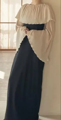 プリーツシースルー袖パーティードレス 3点セット