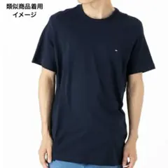 【トミーヒルフィガー】綿100%メンズ半袖Tシャツ／プルオーバー無地紺／ロゴ刺繍
