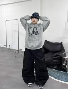 ワイドカーゴパンツ ブラック ユニセックス 韓国ストリート