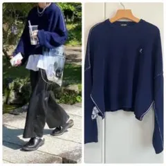 RAF SIMONS オーバーサイズ クロップド ポンチョ ニット セーター 紺のサムネイル