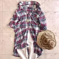 美品 洗える ジャーナルスタンダード インド綿チェック半袖ロングシャツ フリー