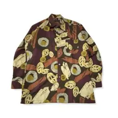 【一点物】総柄 シャツ ボルドー ブラウン レトロ アート 古着