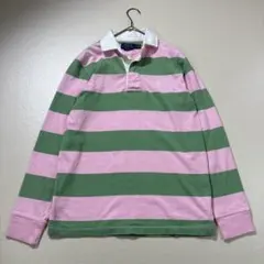 ポロラルフローレン 長袖ラガーシャツ 太ボーダー ピンク×グリーン メンズXS