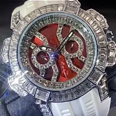 新品 ゴージャスアイスアウトウォッチ メンズ腕時計 ジルコニア ホワイトレッド