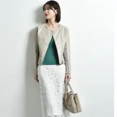 新品同様インタープラネット　フェイクレザーサイドリブノーカラージャケット レザー