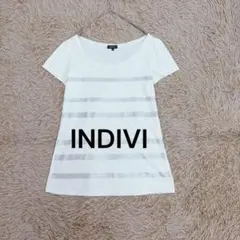 インディヴィ♡スパンコールボーダーTシャツ M ホワイト スクープネック 微光沢のサムネイル