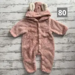 ウサギ耳付き　モコモコ　フリース　ロンパース　ピンク　80㎝