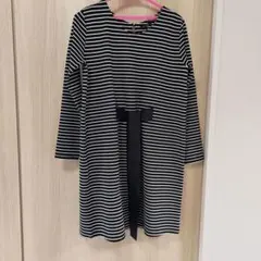 妊婦服　ストライプ柄 長袖ワンピース リボン付き