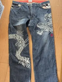 絡繰魂 和柄刺繍デニムパンツ 般若龍 桜濃紺ゴールドインディゴ
