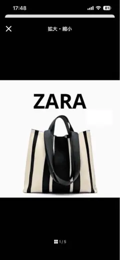 ZARA ザラ ファブリック トートバッグ ストライプ　大容量　使用回数３回以内