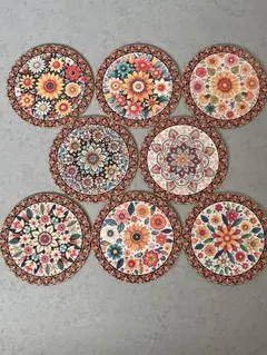 レトロ花柄 木製コースター 8枚セット