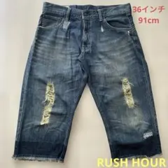RUSH HOUR ラッシュアワー ダメージ加工 デニムハーフパンツ サイズ36のサムネイル