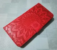 iPhoneXR 用 手帳型 スマホケース 浮彫エスニック柄 レッド 赤色