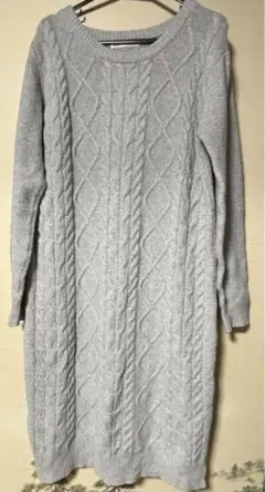 ikka ケーブル編みニットワンピース　グレー　Lサイズ
