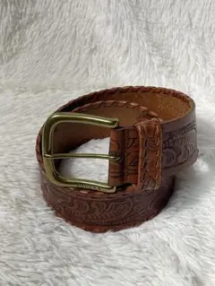 ラルフローレン 本革 カービング　レザーベルト 真鍮バックル ブラウン 型押し