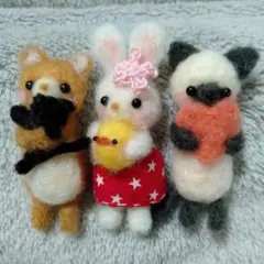 羊毛フェルト・ちびっこ仲良し・くま&ウサギ&シャム猫ちゃんセット