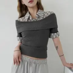 binary01 ヘリレイヤード チェックオフショルダーTシャツ