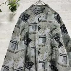 メンズ グレー グリーン バンドカラー 総柄 ヴィンテージ シャツ