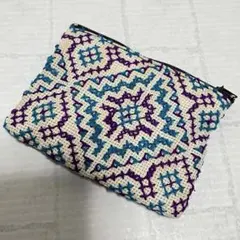 【未使用】モン族　手刺繍古布　ポーチ　ミニポーチ　ブルー
