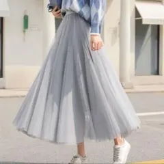 【新品未使用】チュールロングスカート ウエストゴム グレー 春夏