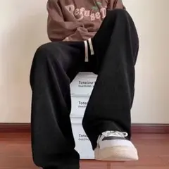 コーデュロイ ワイドストレートパンツ XL ブラック カジュアル 男女兼用 黒