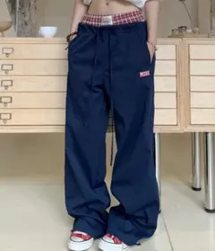 MEMECLE チェック レイヤード ワイドパンツ ネイビー　カーゴパンツ