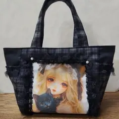 女の子パネル生地 猫 レーストートバッグ ハンドメイド - メルカリ