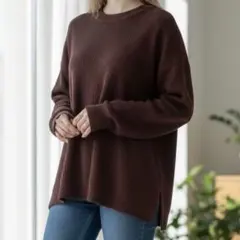 美品 ユニクロ UNIQLO セーター L 茶 リブ編み 長袖 スリット 無地