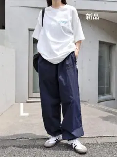 新品　ANME ロゴナイロンワイドパンツ 接触冷感 UVカット 撥水 ネイビーL
