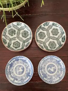 明治　古伊万里　印判手　小皿4枚　緑　青　鶴亀　松竹梅　古典柄　幾何文様