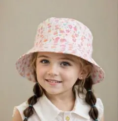 子供用　花柄バケットハット（あご紐付き）　女の子　子供帽子
