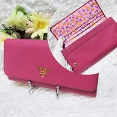 レア美品✨プラダ◇リップ花柄フラップ長財布　サフィアーノゴールド金具ローズピンク