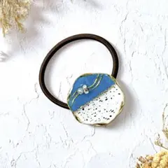 ヘアゴム　ポニーフック　ブルー　うずら柄　大　パール　ハンドメイド