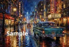 雨の街角 クラシックカー デジタルアート イラスト ポストカード