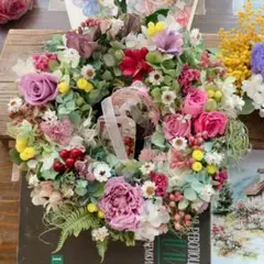 たっぷり紫陽花と春花＊華やかな＊花冠リース＊ミニスワッグ付き