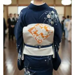 18 名古屋帯 金 銀 オレンジ 白 花柄 九寸 洗朱色 橙色 菊 お-18