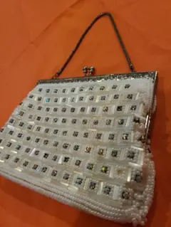 白いビーズのおしゃれハンドバッグ、フォーマルアンティーク、クラッチバック