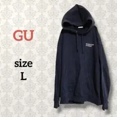 GU【L】ビッグスウェットパーカー フーディー マフポケット ネイビー アニマル