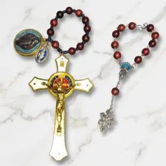 【香るローズウッド】聖ベネディクト 白 大型十字架と赦しの十字架 豪華聖品セット