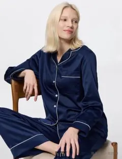 【m様専用】美品 GU ネイビー サテンパジャマ L 長袖 ルームウェア