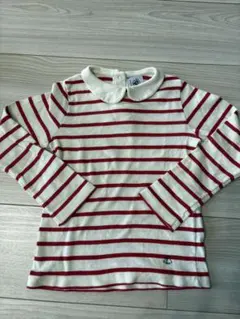 白と赤のストライプ 襟付き長袖カットソー