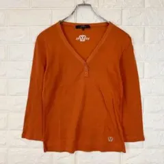 ✨マックスマーラ【S】橙 七分袖カットソー ロゴ刺繍 Vネック 綿100 春秋