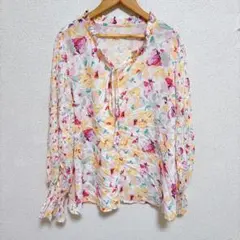 花柄シャーリングスリーブブラウス L 襟フリル リボンタイ ボタニカル