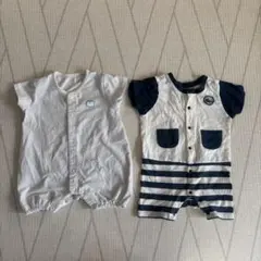 ペンギンデザイン ストライプロンパース 2点セット　60〜70 半袖