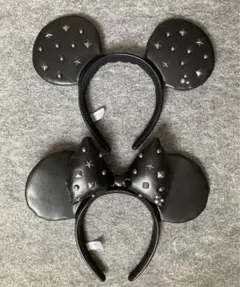 ディズニー　カチューシャ　ミッキー　ミニー　スタッズ　黒　レザー　ペア　セット