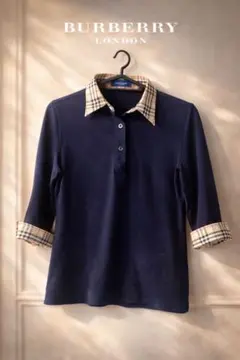 バーバリーロンドン ポロシャツ ノバチェック襟 ネイビー 半袖 美品