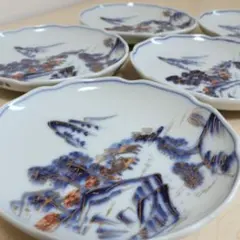 GW限定価格】美品/蔵出 九谷焼 染付 金彩 色絵 山水画 中皿 輪花皿