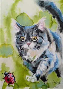 猫 原画 絵画 イラスト ドローイング ペット 現代アート 芸術 ねこ