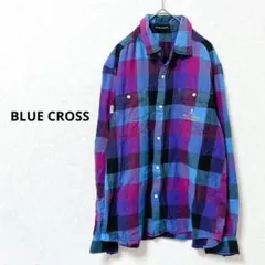 ブルークロス　ネルシャツ　チェック柄 XL 綿100%　青紫系　袖長め