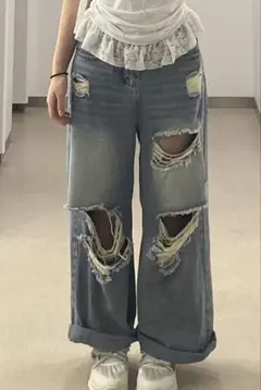 shein ウォッシュド ダメージワイドレッグジーンズ